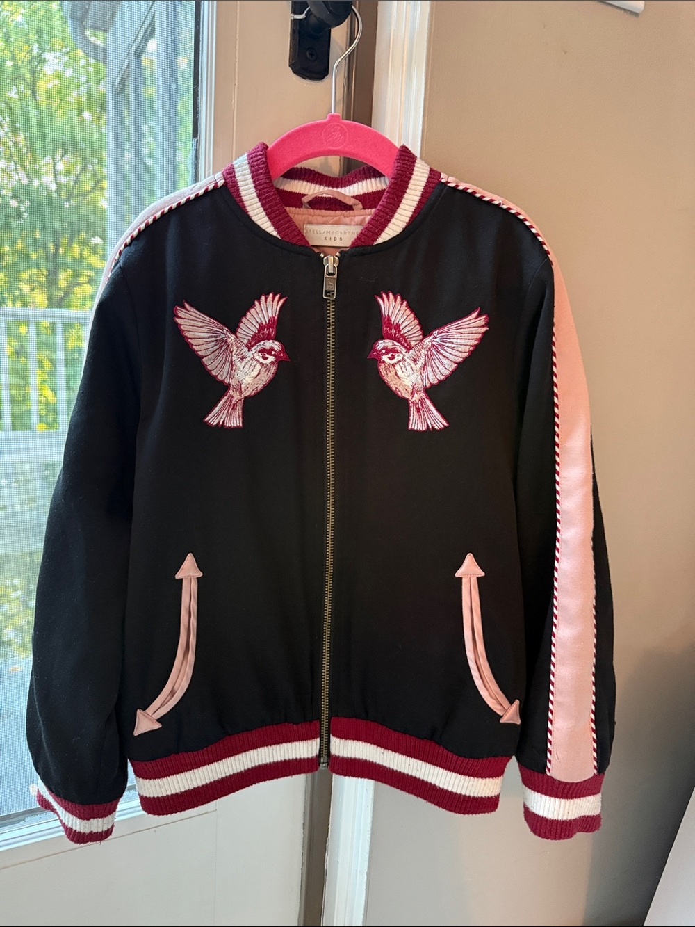Stella McCartney Black Bomber Jacket with Pink Embroidered Birds